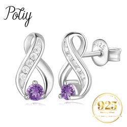 Potiy Infinity Genuine Natural Purple Amethyst 925 Sterling Silver Stud Earrings for Women Fashion Gemstone valentines day gift