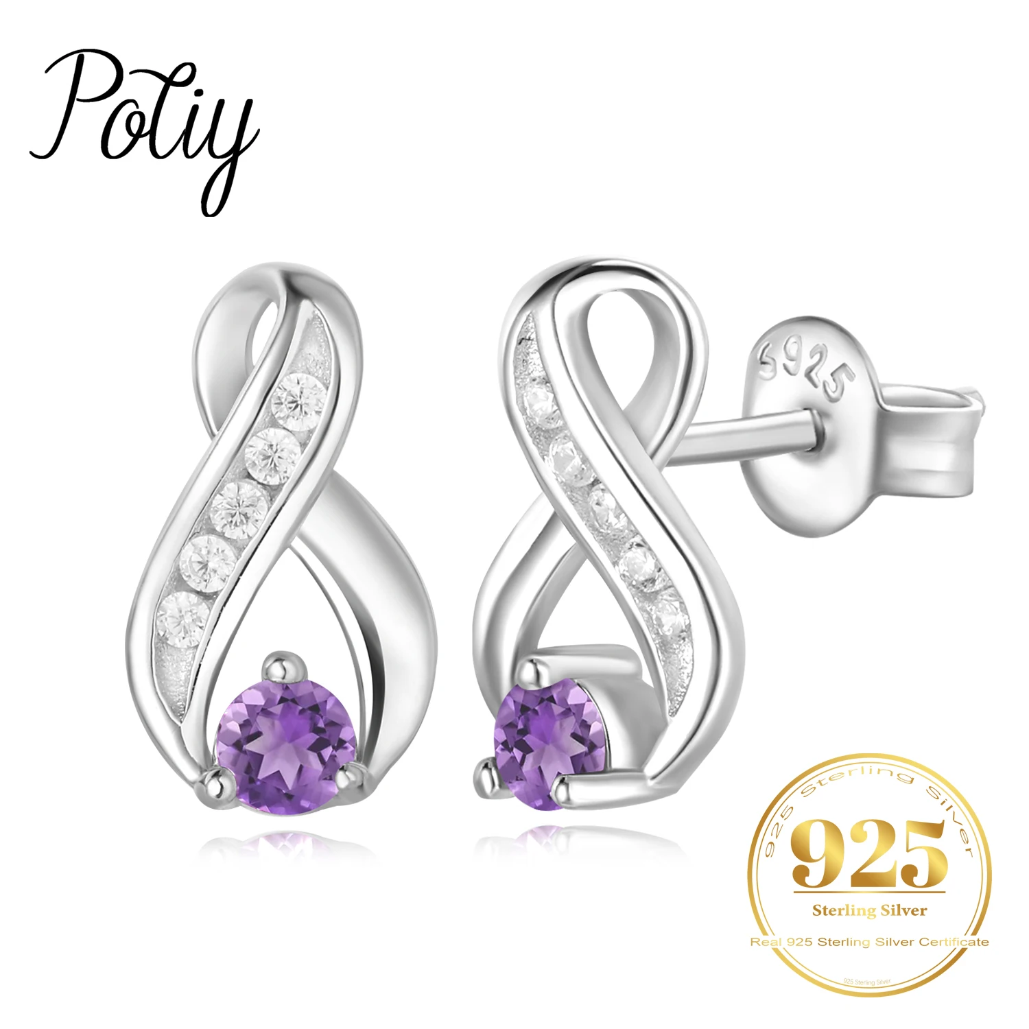 Potiy Infinity Genuine Natural Purple Amethyst 925 Sterling Silver Stud Earrings for Women Fashion Gemstone valentines day gift