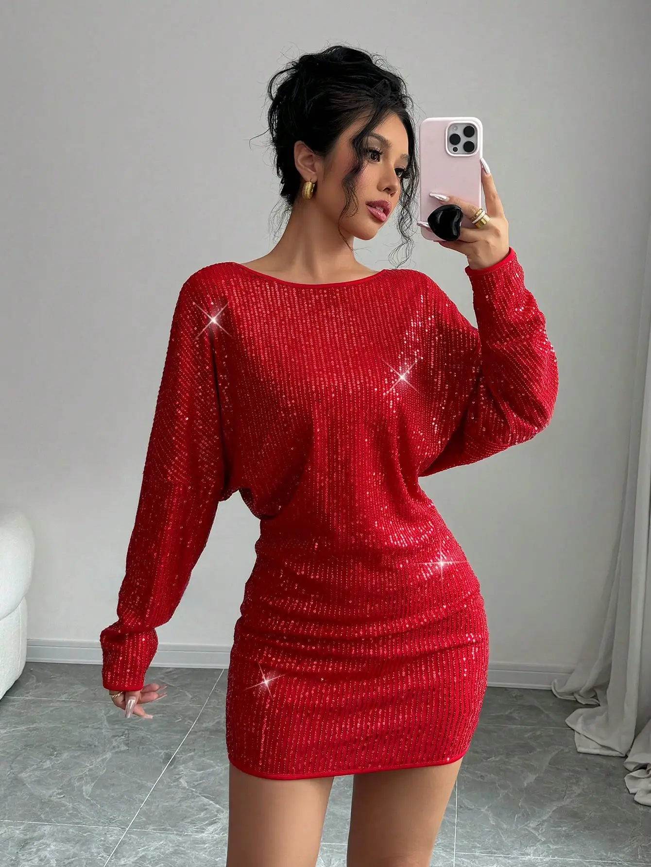 

Red Sequin Batwing Sleeve Asymmetrical Neck Mini Dress for Holiday Parties