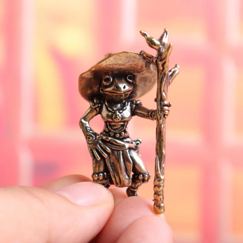 Pure Brass Standing Guard Frog Ornament, Retro Walking Stick Toad Mini Tea Pet, Chinese Vintage Craft Desktop Decor Gift
