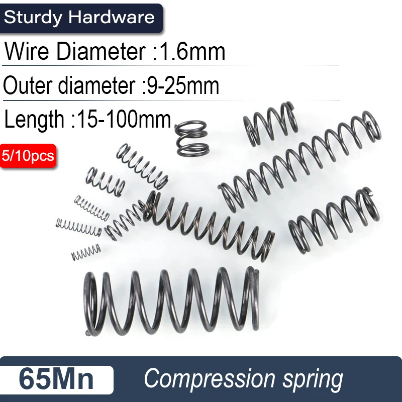 5/10pcs 65Mn Spring Steel Compression Spring, 1.6mm Wire Diameter, Directly from the Manufacturer for Maintenance and DIY