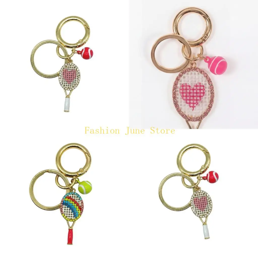 N5KA Decorative Tennis Racket Chain Charm with Heart Pendant and Double Ring Alloy Clip for Bags, Keys, and Zippers