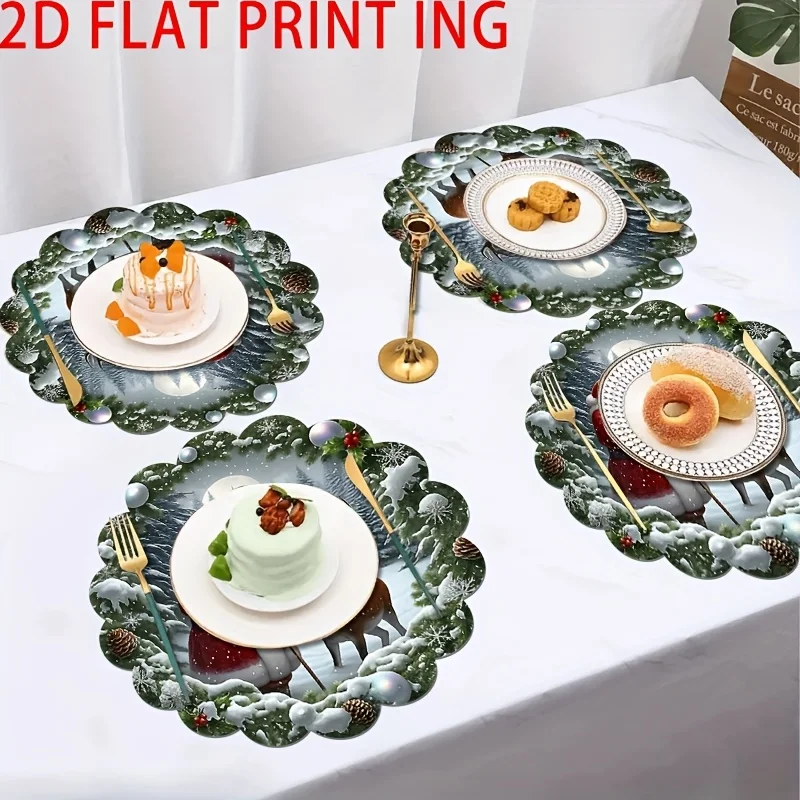 Round Scalloped Christmas Placemats Santa Reindeer Linen Mats Non-Slip Heat Resistant for Winter Xmas Dining Table Decor