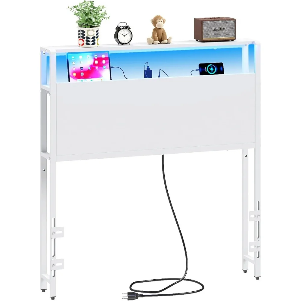 

Twin Sized Headboard with 2 Tiers Storage Shelves, Sturdy and Stable Headboard with Charging Station, USB Ports and LED Light fo