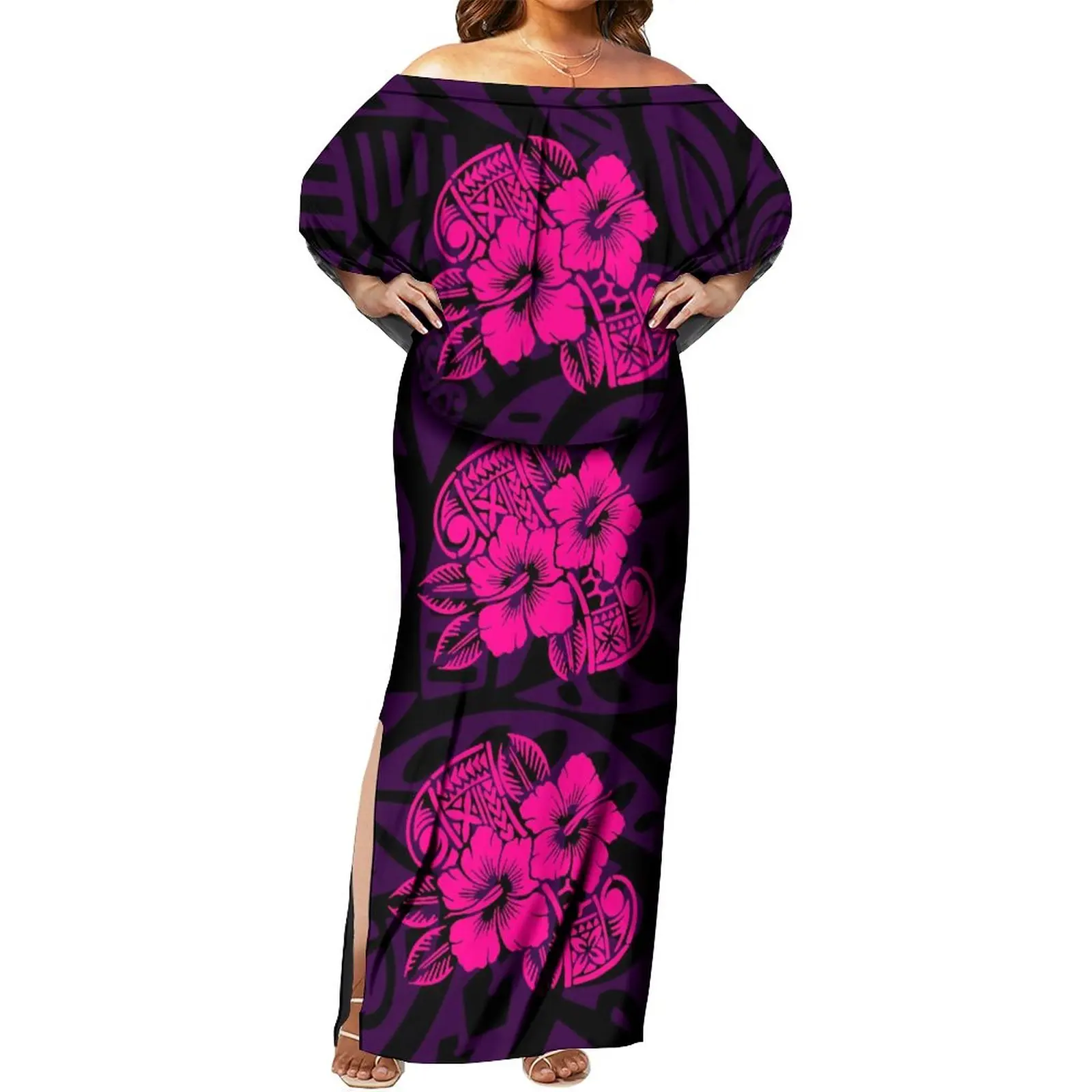 Polynesian Tribe Design Women'S Cape Dress Slit Tiered Pleated Off-The-Shoulder Dress 6xl 