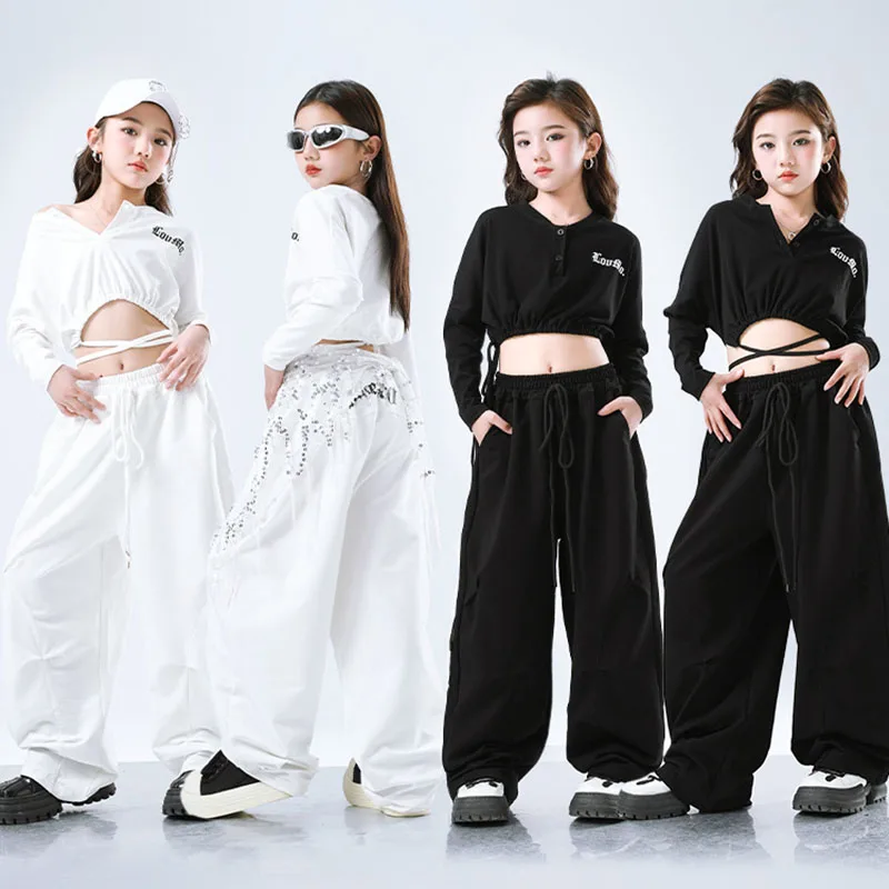 Kid Kpop Hip Hop Kleding Wit Zwart Lace up Crop Top T-shirt Casual Zweet Parachute Broek voor Meisje Jazzdans Kostuums Kleding