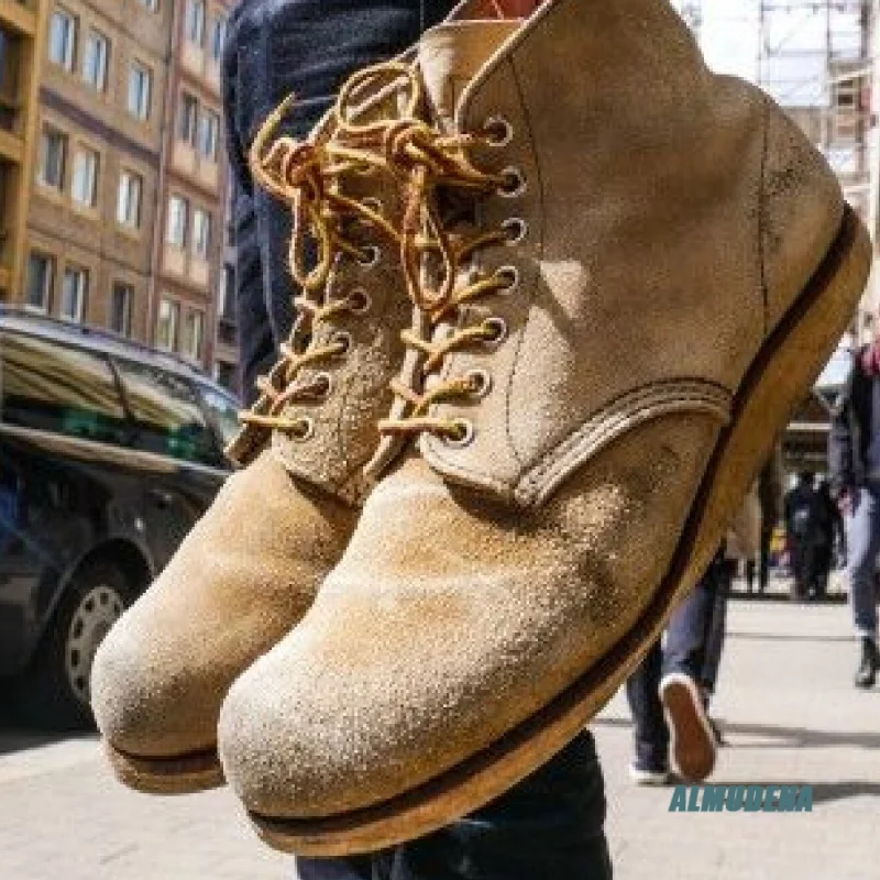 Beige Faux Suede Lace-Up Work Boots Men's Round Toe Vintage Style Non-Slip Outdoor Casual Comfortable Hiking Ankle Boots view 6