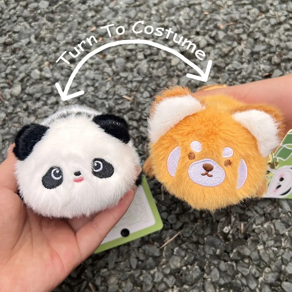 Funny Cartoon Red Panda Plush Keyring Animal with Tail Turn To Costume Panda Pendant Cute Soft Red Panda Purse Car Key Pendant