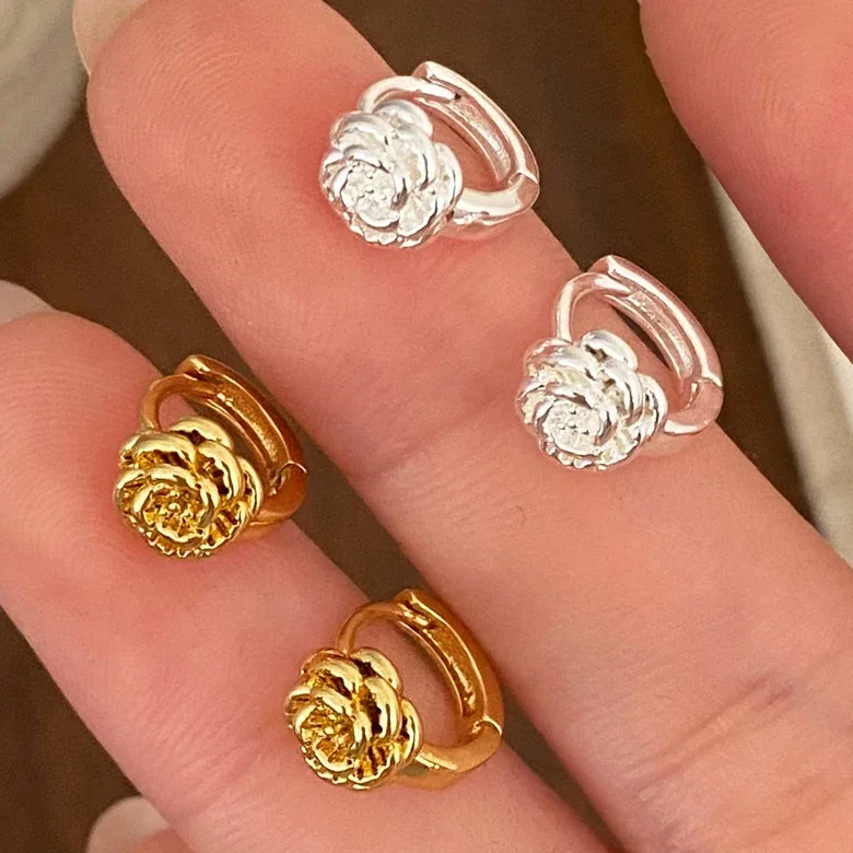 

Настоящее серебро 925 пробы, золото 18 карат, мини-серьги-кольца с цветком розы для женщин, романтические ювелирные изделия, минималистичные аксессуары