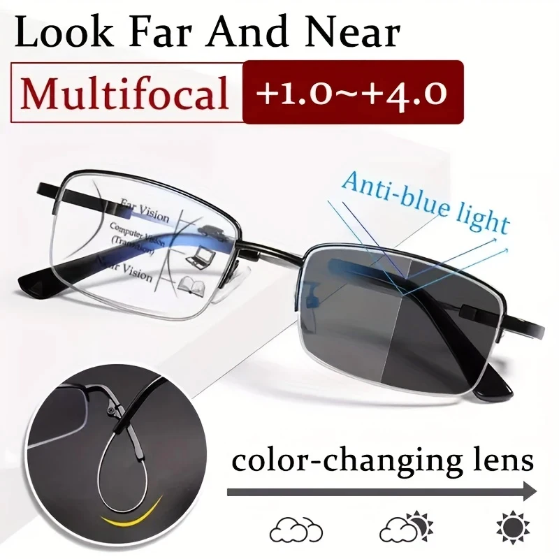 Memory-Titan Photochrome Multifokus-Lesebrille für Männer und Frauen 2025 Progressive Anti-Blaulicht Halbrandbrille für Alterssichtigkeit