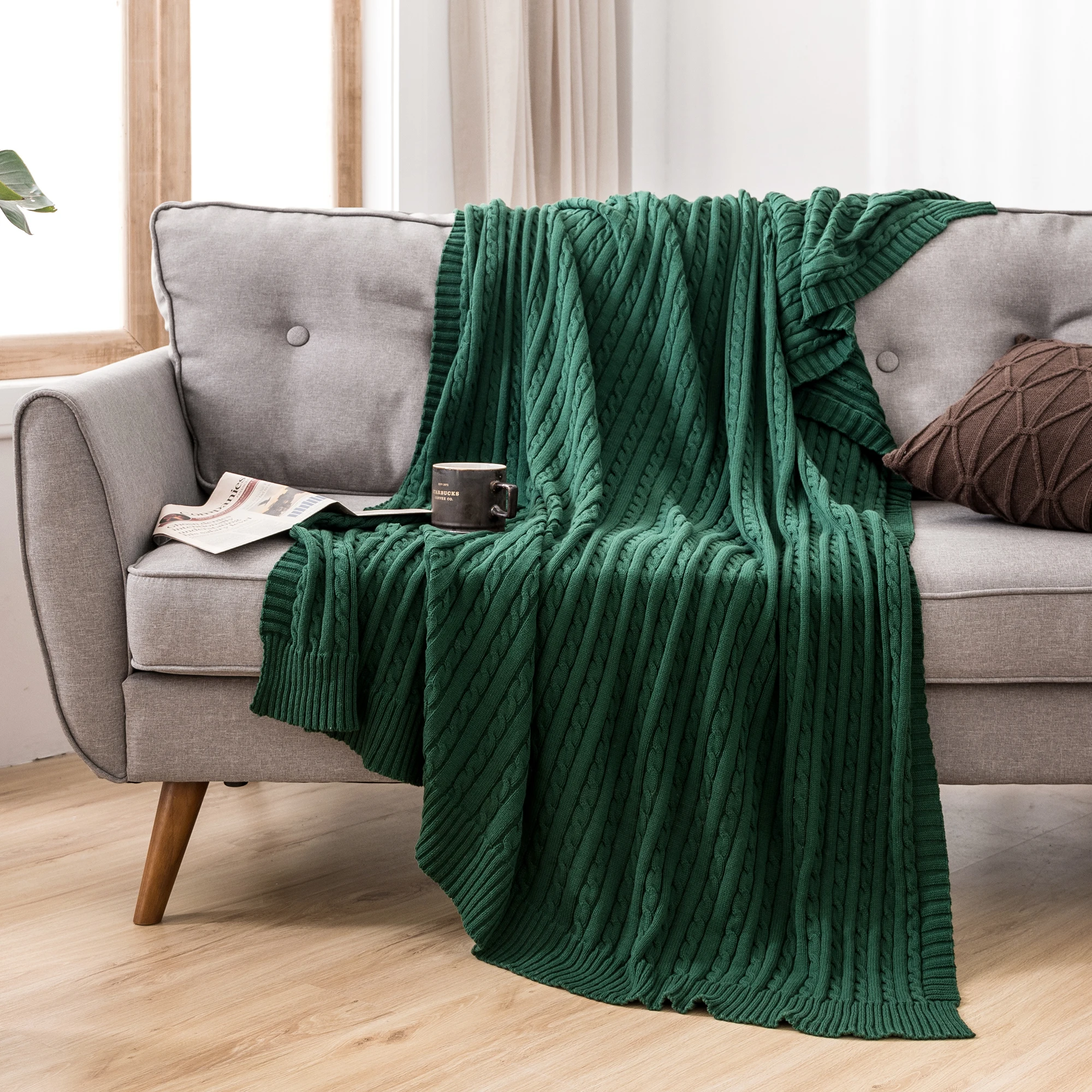 Battilo Cotton Knitted Throw Blanket Soft Cozy Cable Knit Sofa Throws Large Heavyweight Decorative Blanket for Twin Queen Bed