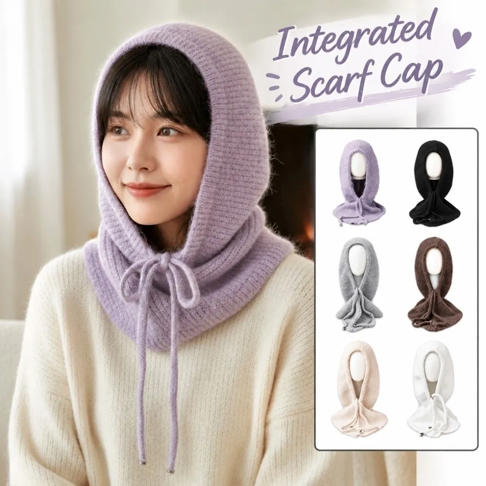 Trendy Style Winter Balaclava Hat Ear Protection Thick Yarn Cute Knit Hood Soft Texture Comfy Fit Integrated Scarf Cap
