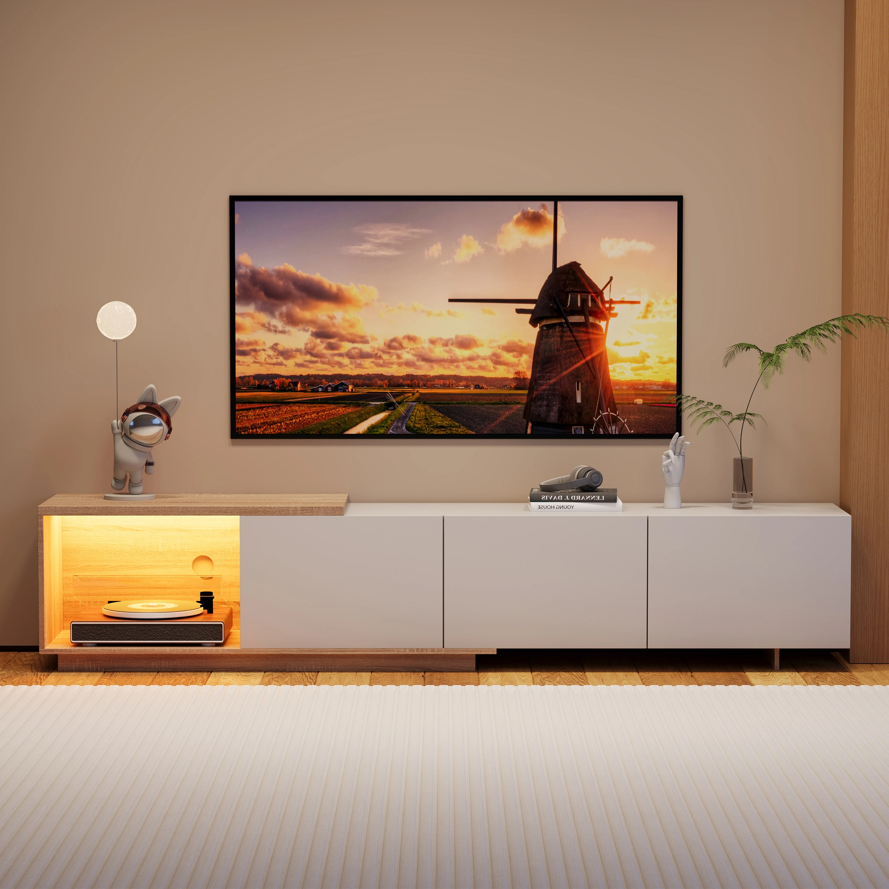 Rosahqnda Meuble TV Console LED 3 couleurs, 3 tiroirs, extensible (163 ~ 240 cm), meuble de rangement multimédia moderne en bois, noir/blanc