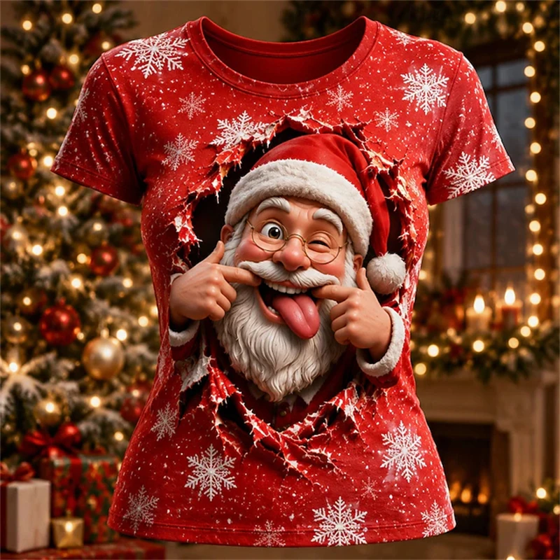 2026 New Women's Stylish Short-Sleeve Christmas T-Shirt Cute Funny Santa Print Casual Crew Neck Festive Party Street-Style Top