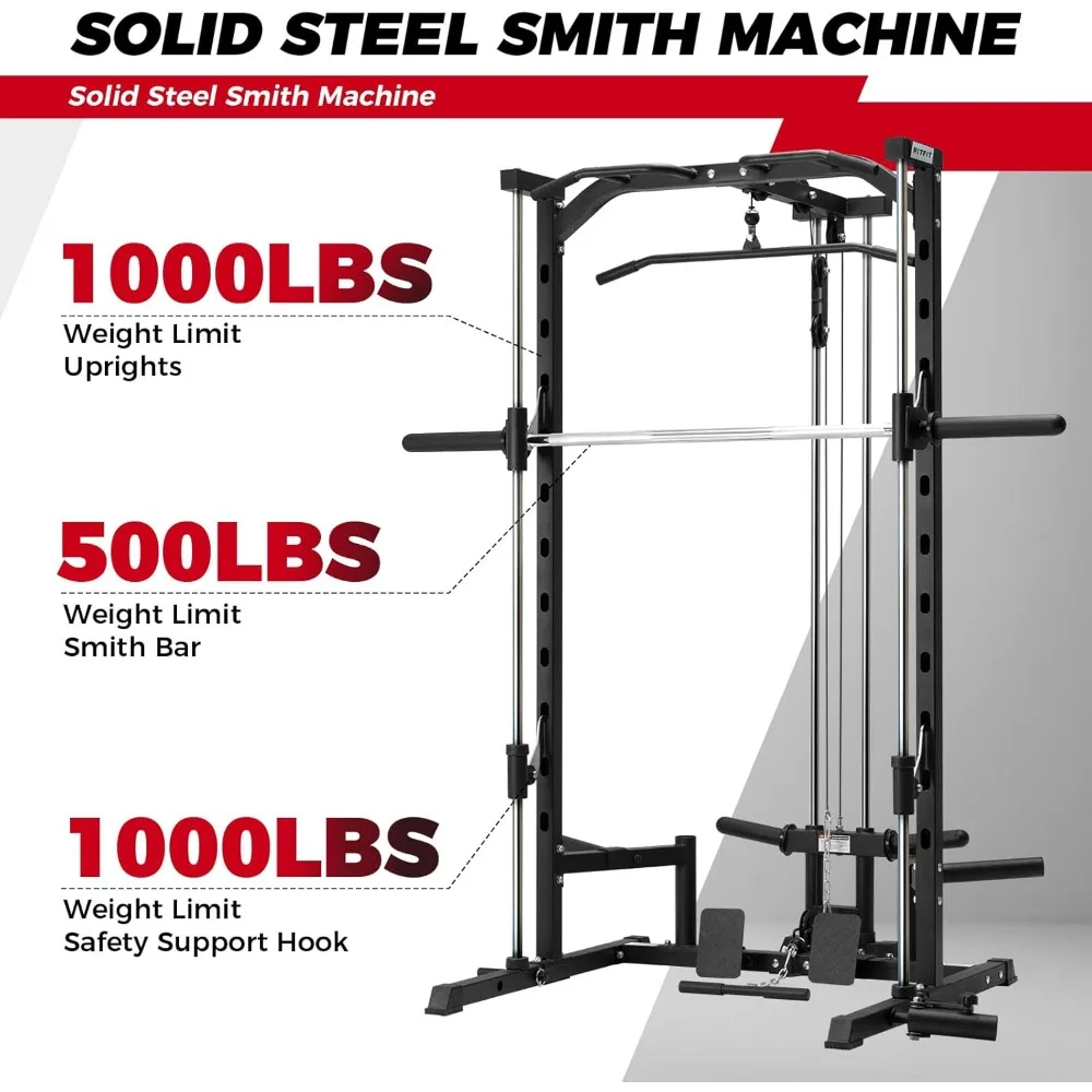 Machine Power Rack with LAT-Pull Down System, Landmine, Barbell Bar, Plate Storage Pegs and More Training Attachment