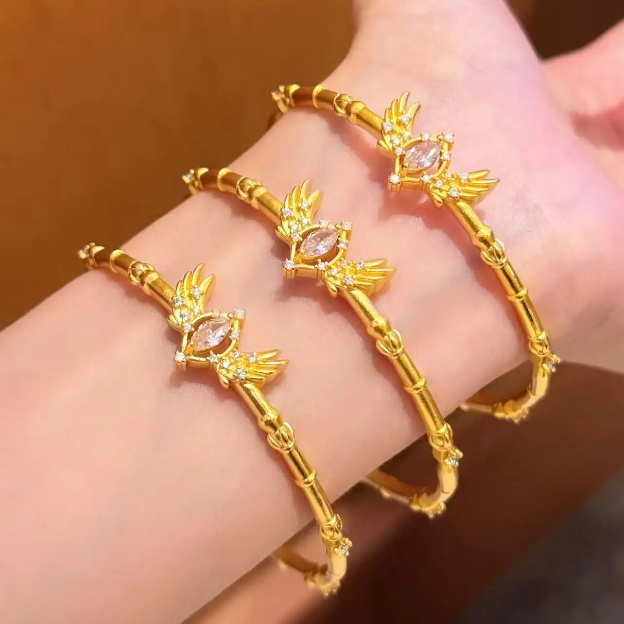 New Fashion Gold Color Magical Girl Bangles Rings for Women Heart Shaped Pink Diamond Shield Wings Light Luxury Elegant Jewelry