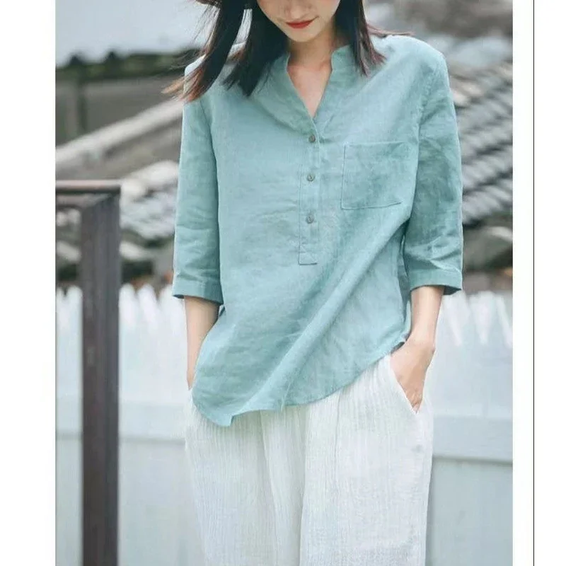 

Summer New Ethnic Style Cotton Linen Pullover Shirt Ladies 3/4 Sleeve Comfortable Solid Color Top Women Literary Vintage Blouse