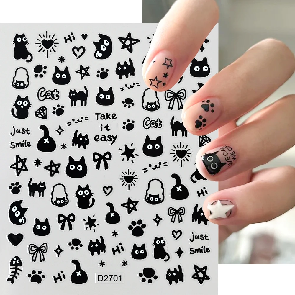 1PCS 3D Kawaii Little Black Cat Nail Stickers Childlike Graffiti Series Nail Decals Y2K Korean Japanese Manicure Art Decorations