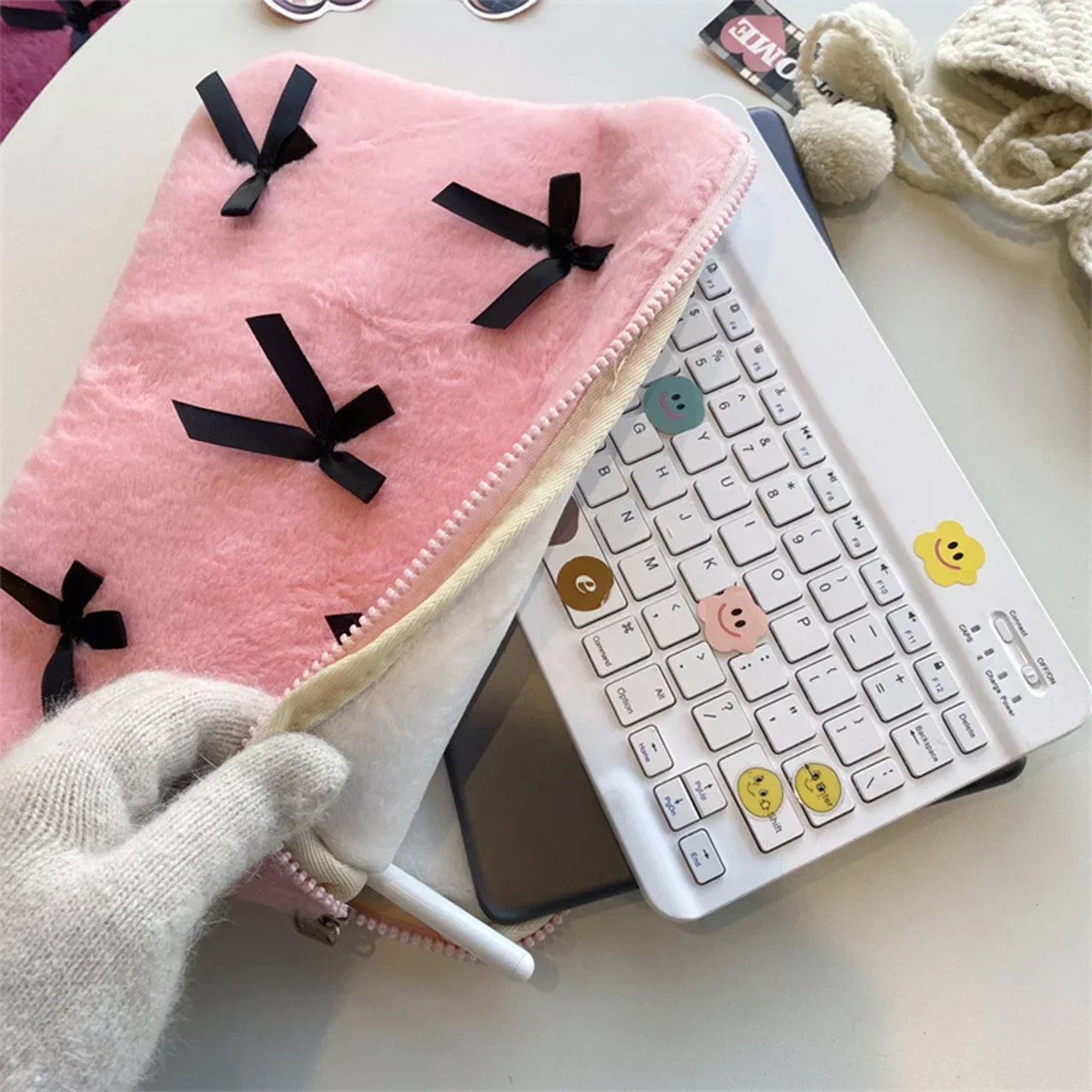 Plush Cute Sweet Uniform Bow Laptop Sleeve Bags 12 13.3 13.6 14 Inch Ipad Tablet Case Casual Zipper for Women Briefcase Bag