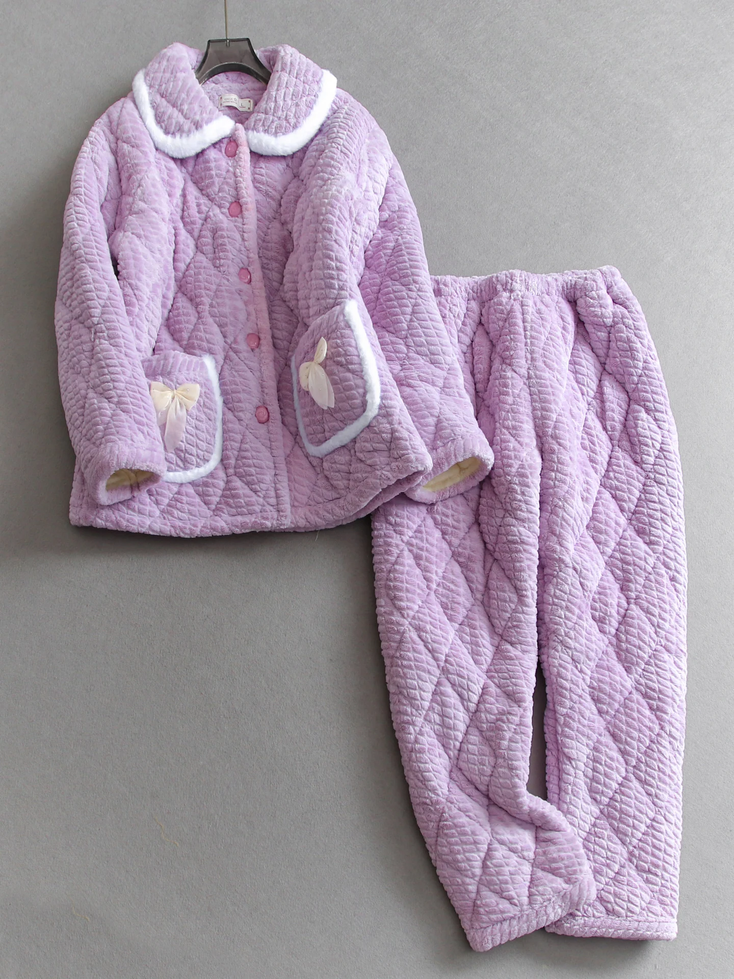 

Thickened Fleece Coral Sleepwear Women's Winter Three-layer Cotton Long Sleeve Home Clothes Two-piece Set Warm Home Suit