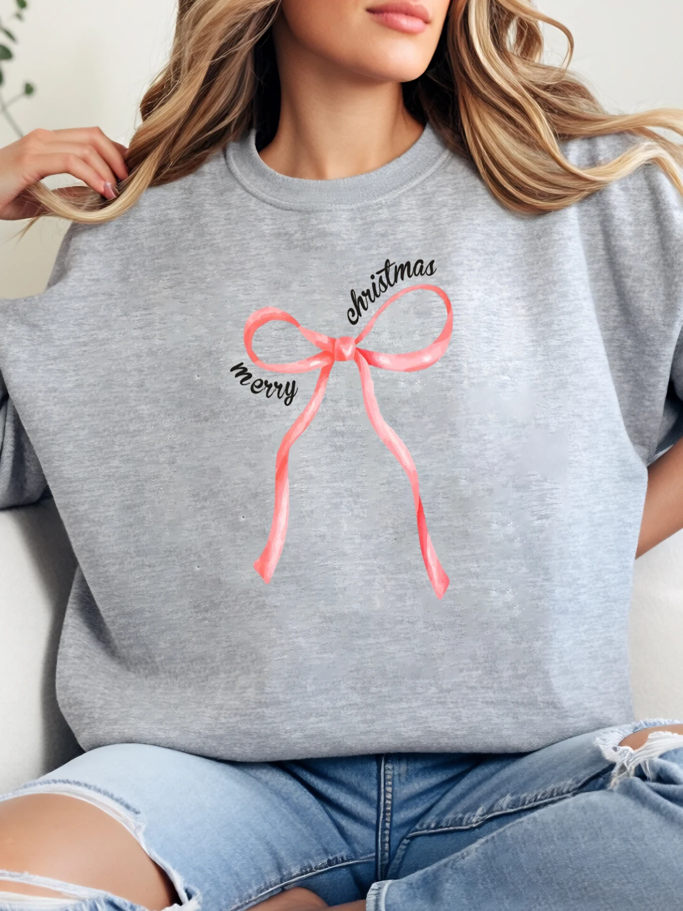 عيد ميلاد سعيد القوس طباعة البلوز عطلة المرأة عارضة ارتداء رمادي زائد الحجم #1