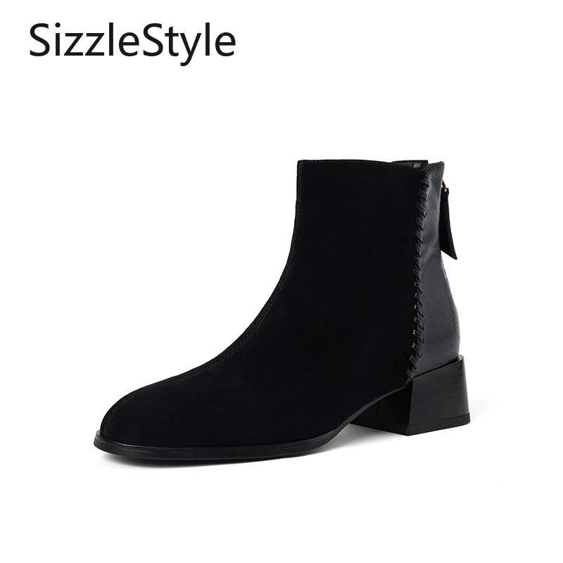 

Fashion Women's Solid Color Round Nose Nubuck Leather Simple Contrast Stitching Woven Back Zipper Thick Heel Short Boots