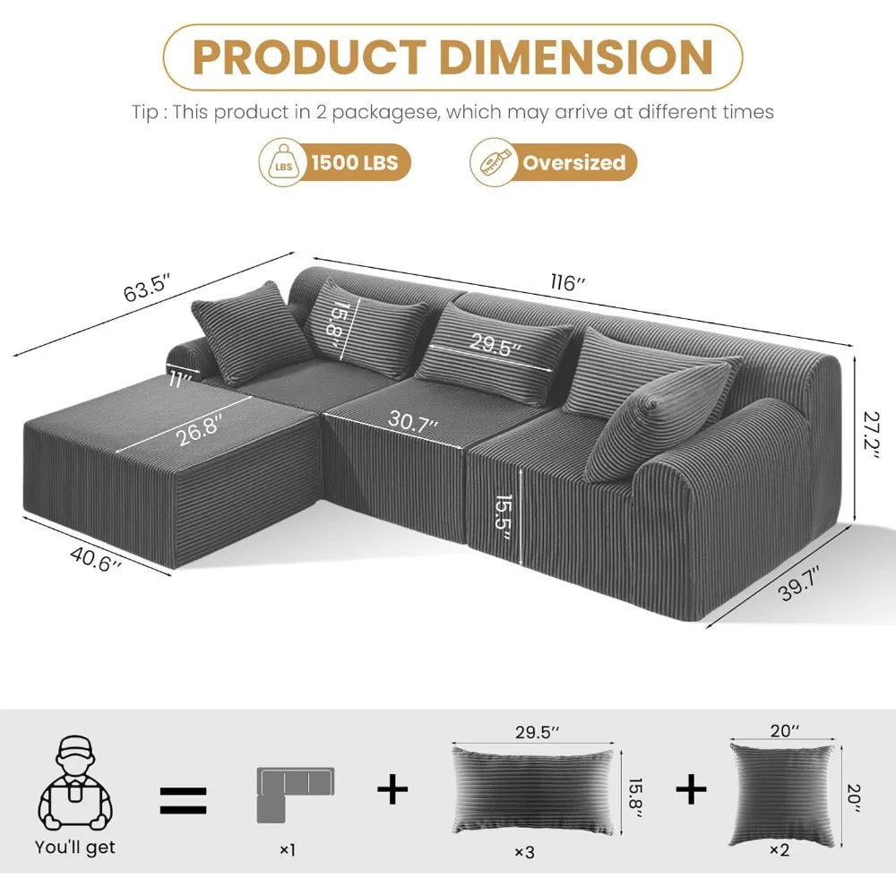 أريكة مقطعية على شكل حرف L لغرفة المعيشة مع مقاعد عميقة ووسائد قابلة للإزالة، وأريكة وحدات مريحة تشبه السحابة #3