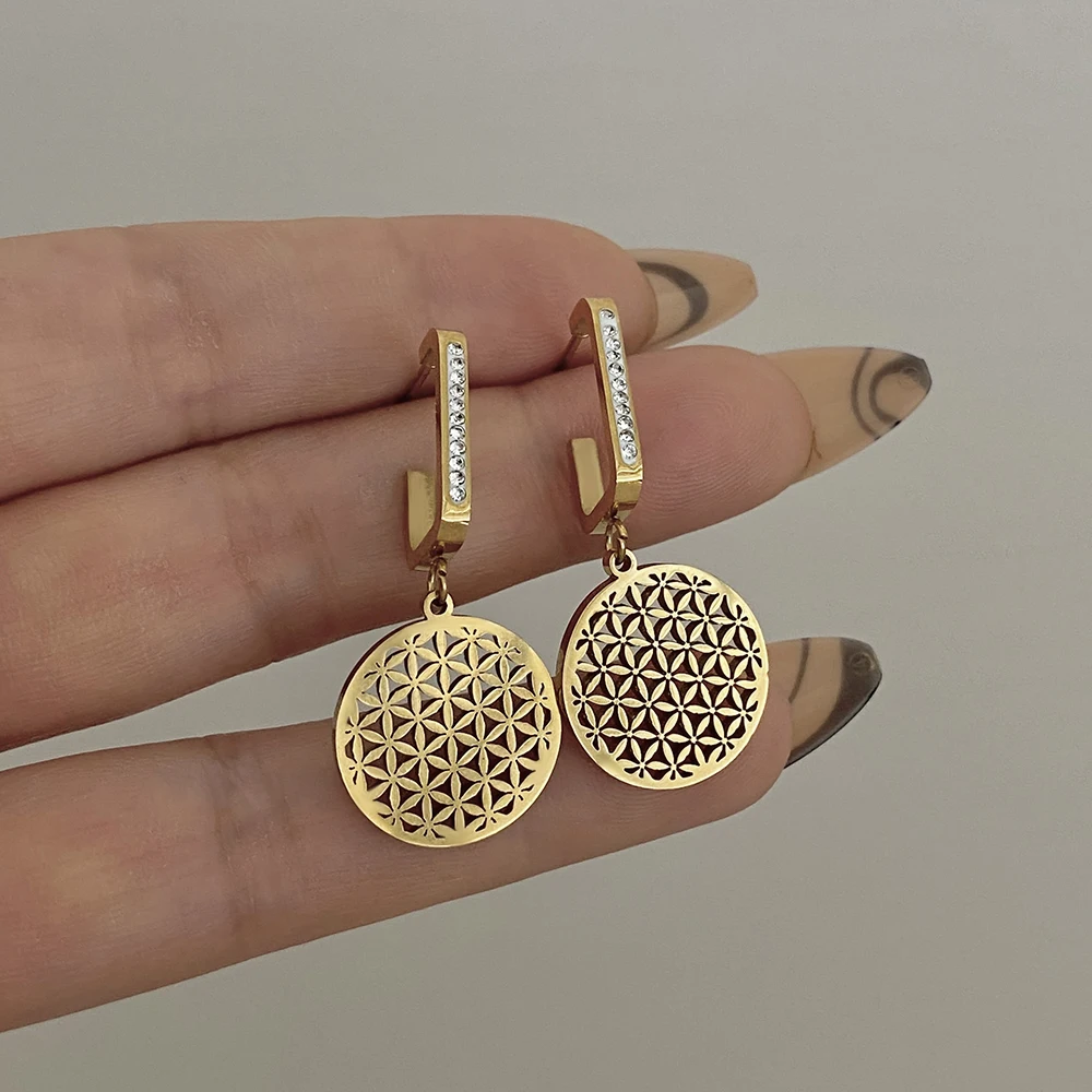 Flower of Life Stainless Steel Earrings for Women Golden Inlaid Rhinestones Big Round Dangler Waterproof Jewelry