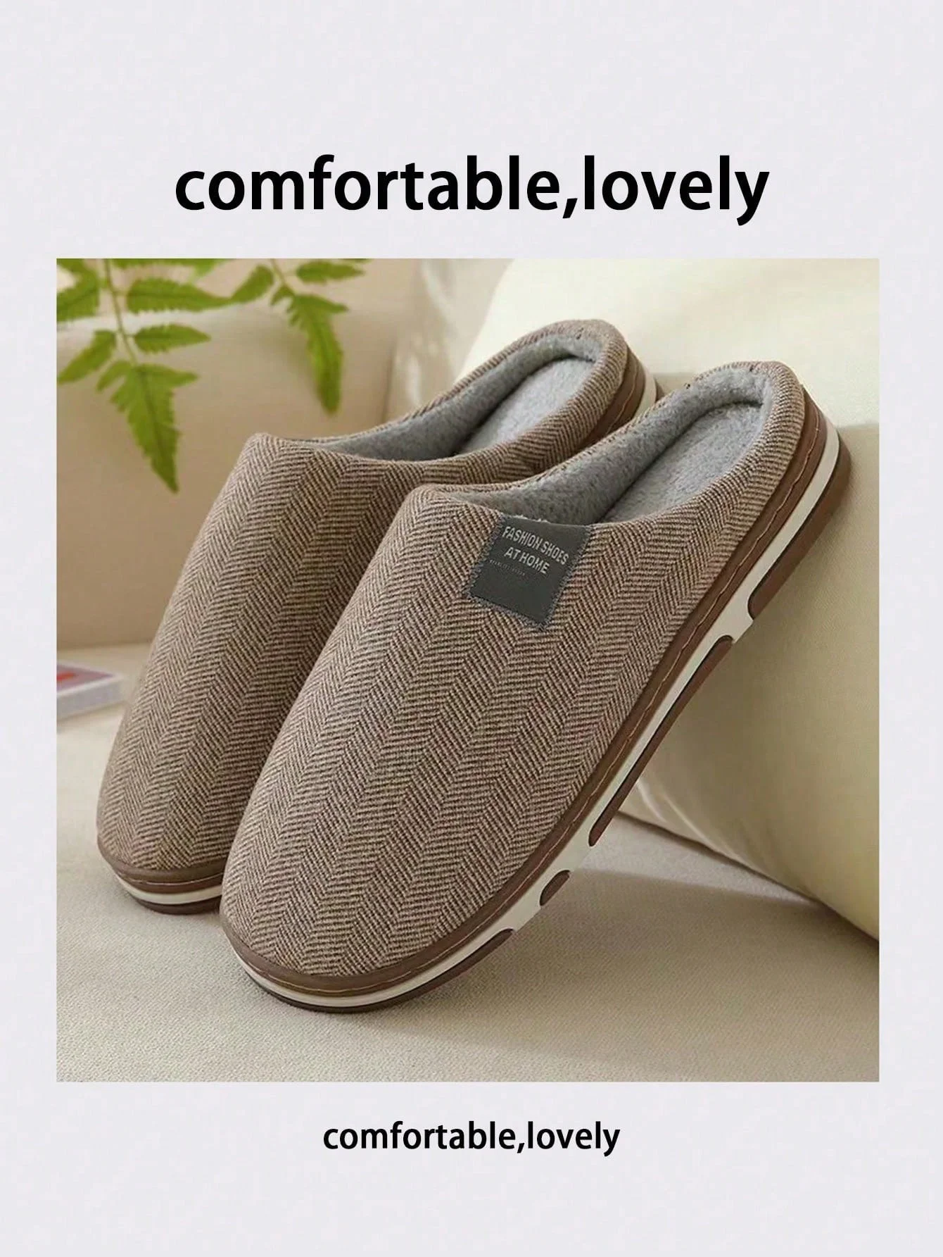 New Autumn Winter Men's Oversized Wide Fleece Striped Slippers, Simple Solid Color Thick Sole Warm Plush Home Indoor Slides