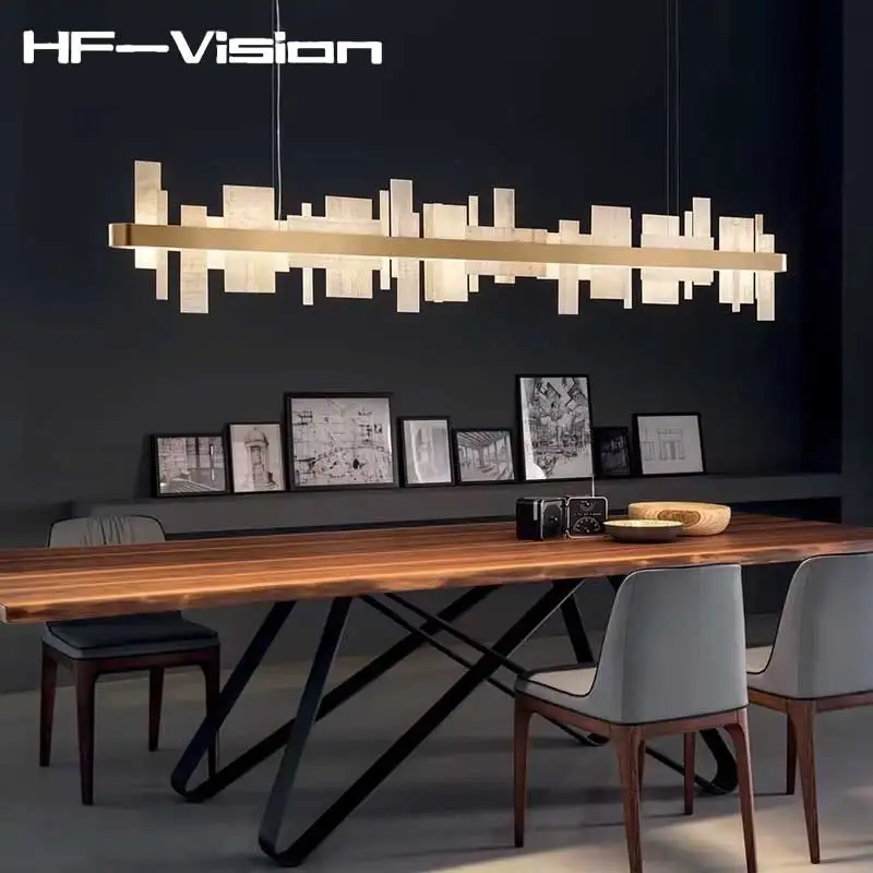 

Postmodern Marble LED Dimmable Gold Oblong Chandelier Light Hanging Ceiling Pendant Lamp for Dining Room Living Room