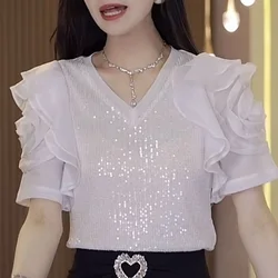 2023 New Summer Fashion Trend Commuting Minimalist Hollowed Out Patchwork Sequin V-neck Ruffle Sleeve Exquisite Women's Shirt