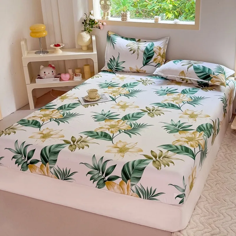3PC Tropical Floral Fitted Sheet Set, Green Leaf Flower Printed Bedding Set with Pillowcases
