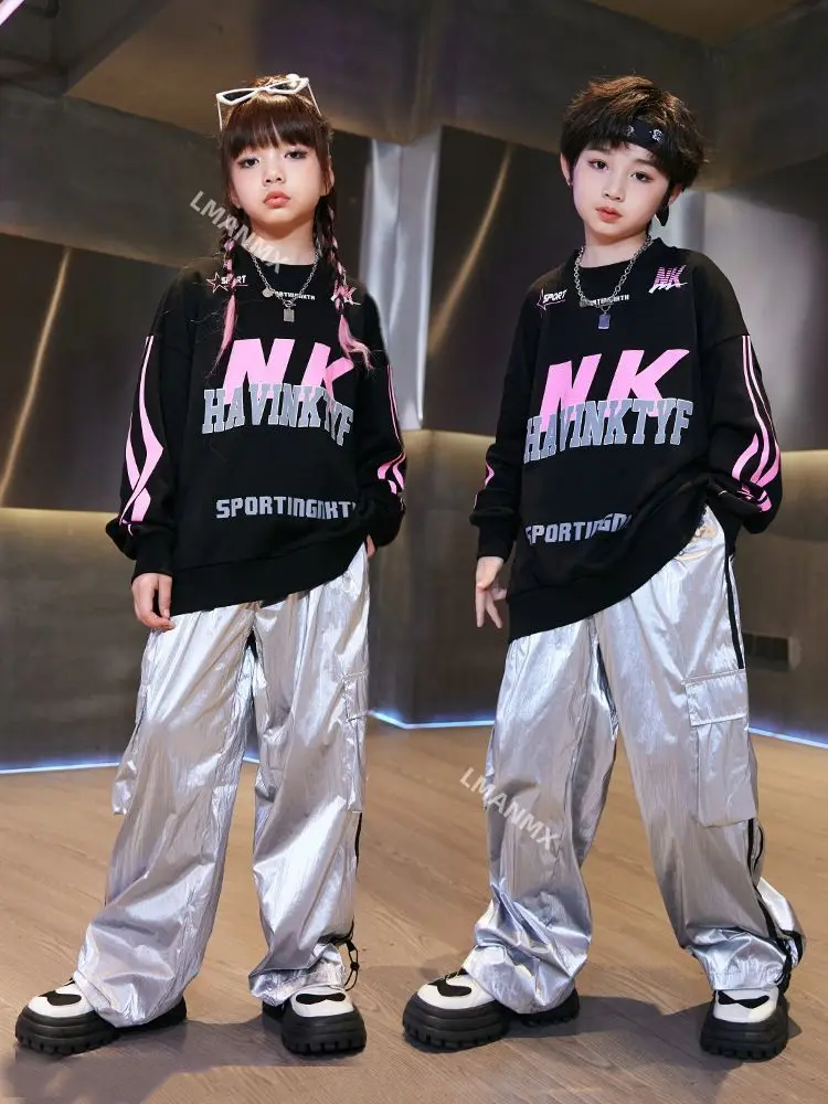 

Boys Hip Hop Costume Street Dance Black Sweater Silver Pants Girls Jazz Dance Clothes Hiphop Performance Suit