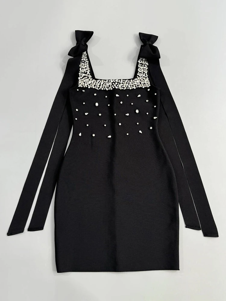 Seksowna czarna obcisła sukienka bandażowa z diamentami i sznurowaniem – Sukienka na spotkania świąteczne i randki, Vestidos