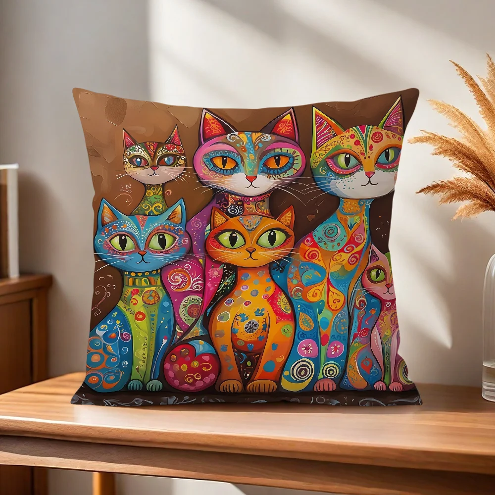 Bunter Katzen-Kunst-Kissenbezug für Zuhause, Sofa, Wohnzimmer, Büro, Café, Auto – Detail 5