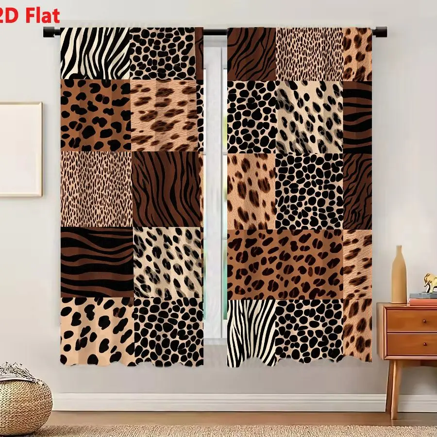 2Pcs Curtains 2D Flat Animal Print Grid 25 Square Panels Zebra Stripes Leopard Spots Cheetah Dots Tiger Patterns Earth Tone Patc