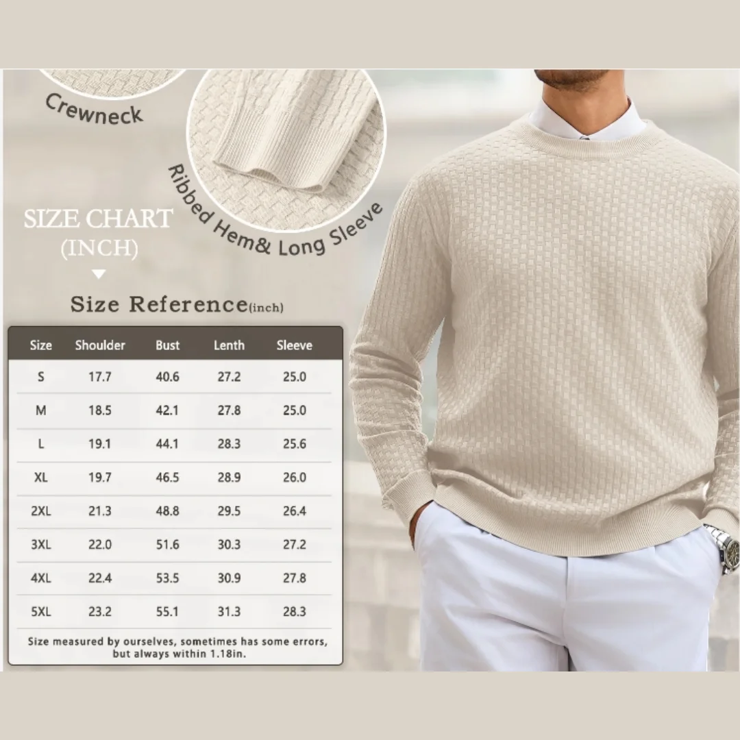 Slavinson Men's Sweater Winter Warm Casual Solid Color Crewneck  Pullover Waffle Knit Casual Patterned Long Sleeve Top US Size