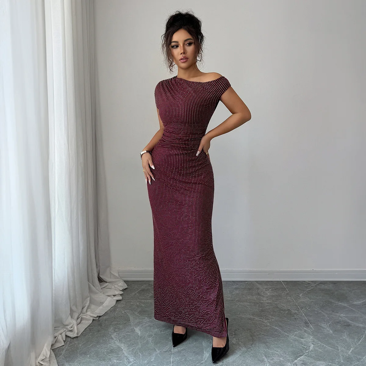 Women's Burgundy Glitter Asymmetrical Off Shoulder Maxi Dress Ruched Bodycon Mermaid Formal Evening Party Prom Gown