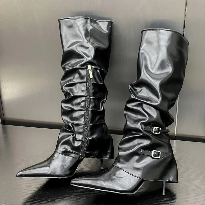 Designer Belt Buckle Pleated Women Ankle Boots Pointed Toe Thin Heels High Quality Design Zipper Autumn Winter Shoes - Image 4