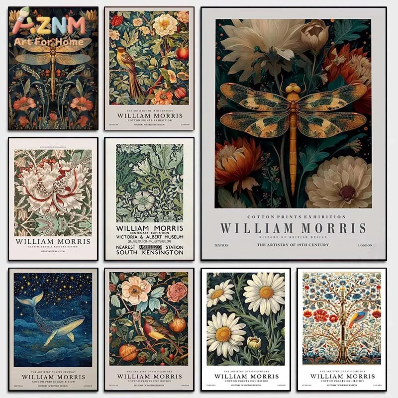 AZNM William Morris Vintage Botanical Unframed Canvas Wall Art Print Victorian Dragonfly Flower Bird Whale Daisy Landscape Exhib