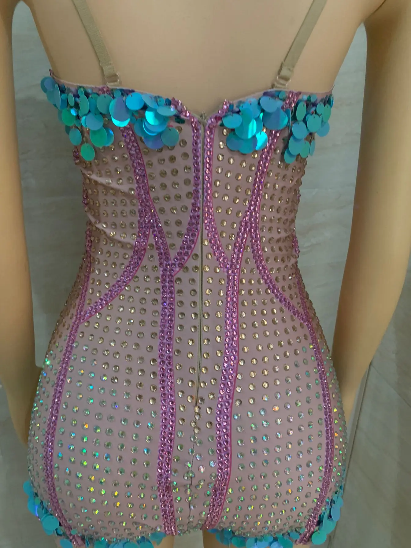 Lake Blue Sequins Colorful Rhinestone Sexy Bodysuit Evening Party Performance Costume Bar Nightclub Singer Dancer Stage Wear