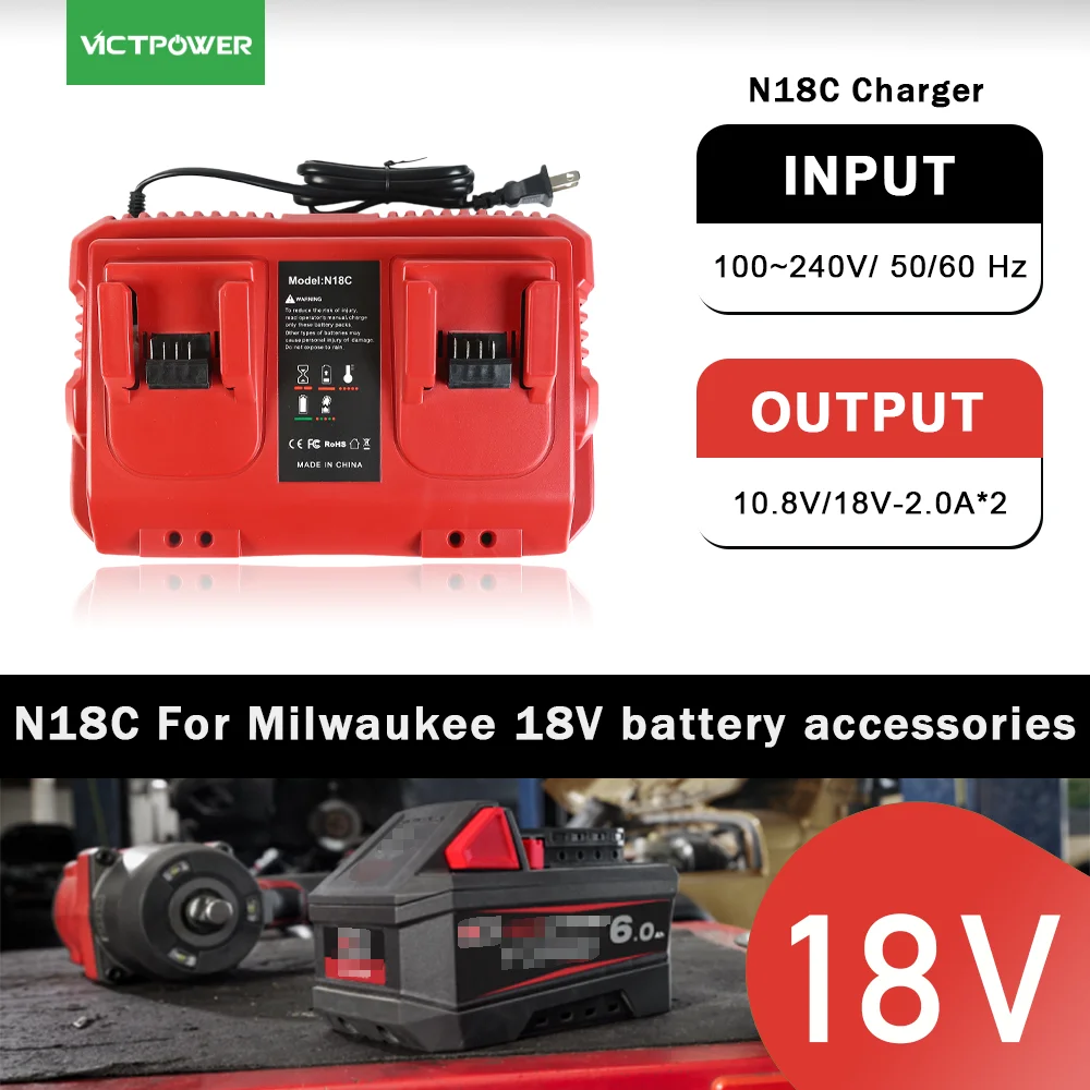 

Victpower N18C 18V 2A*2 fast Charger For Milwaukee 18V-20V Rechargeable Li-ion Battery M18 48-11-1815 48-11-1820 ABS material