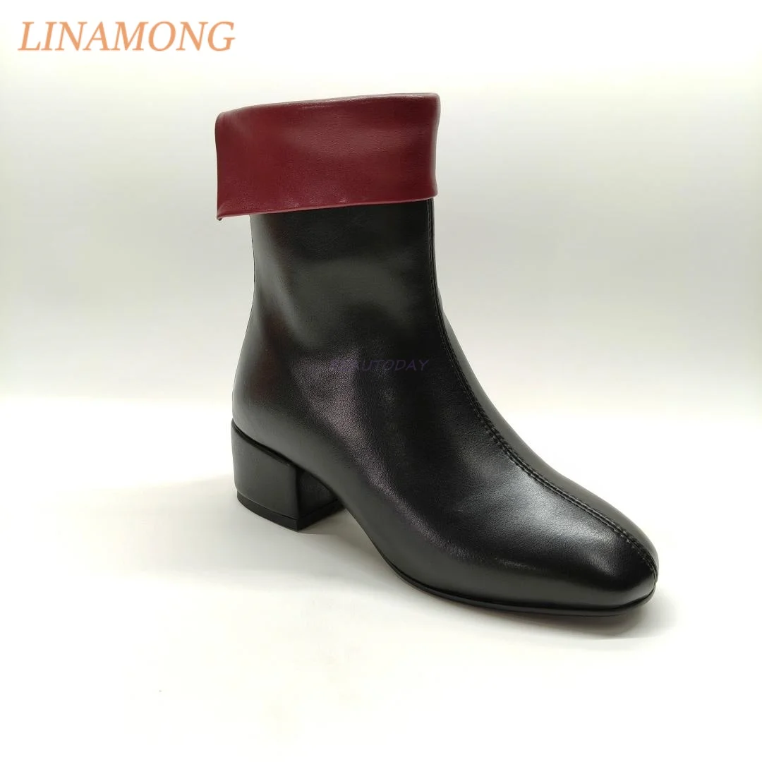 Women Two Tone Folded Cuff Ankle Boots Round Toe Block Heel Side Zipper Smooth Leather Upper Elegant Classic Daily Short Booties