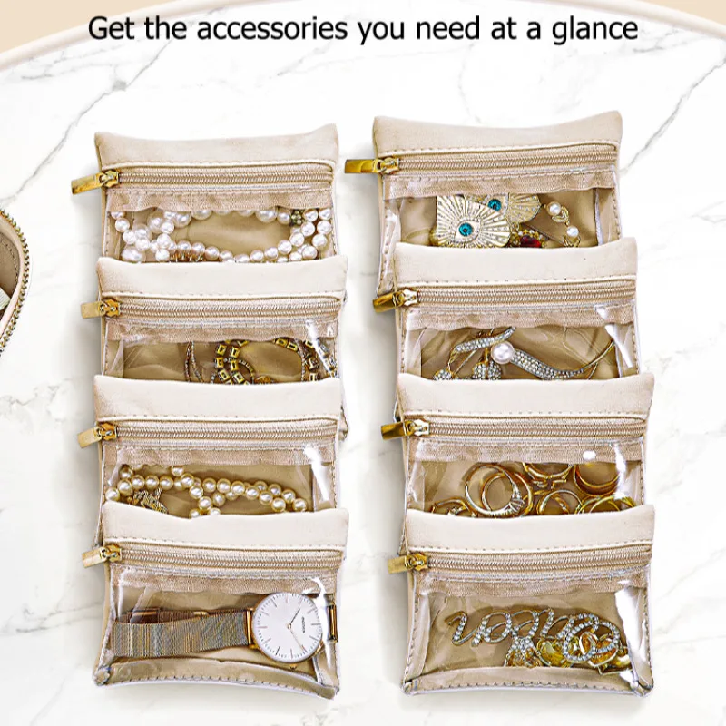 Joyero portátil de cuero genuino con bolsa multifunción para mujer, pendientes, collares, bolsa de almacenamiento