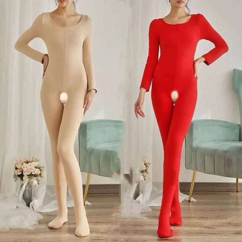 Sexy Adult Open Crotch Jumpsuit Warm Tights Cold Protection in Winter Velvet Padded Plus Size Panty-Hose Outdoor Sex Jump Suits