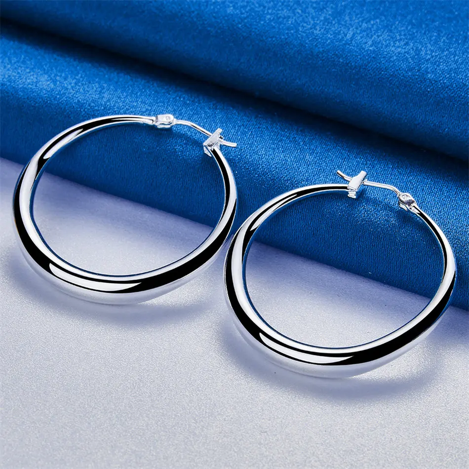 

1 pair of 925 sterling silver 35mm simple shiny hoop earrings for women fashion anniversary jewelry charm gift