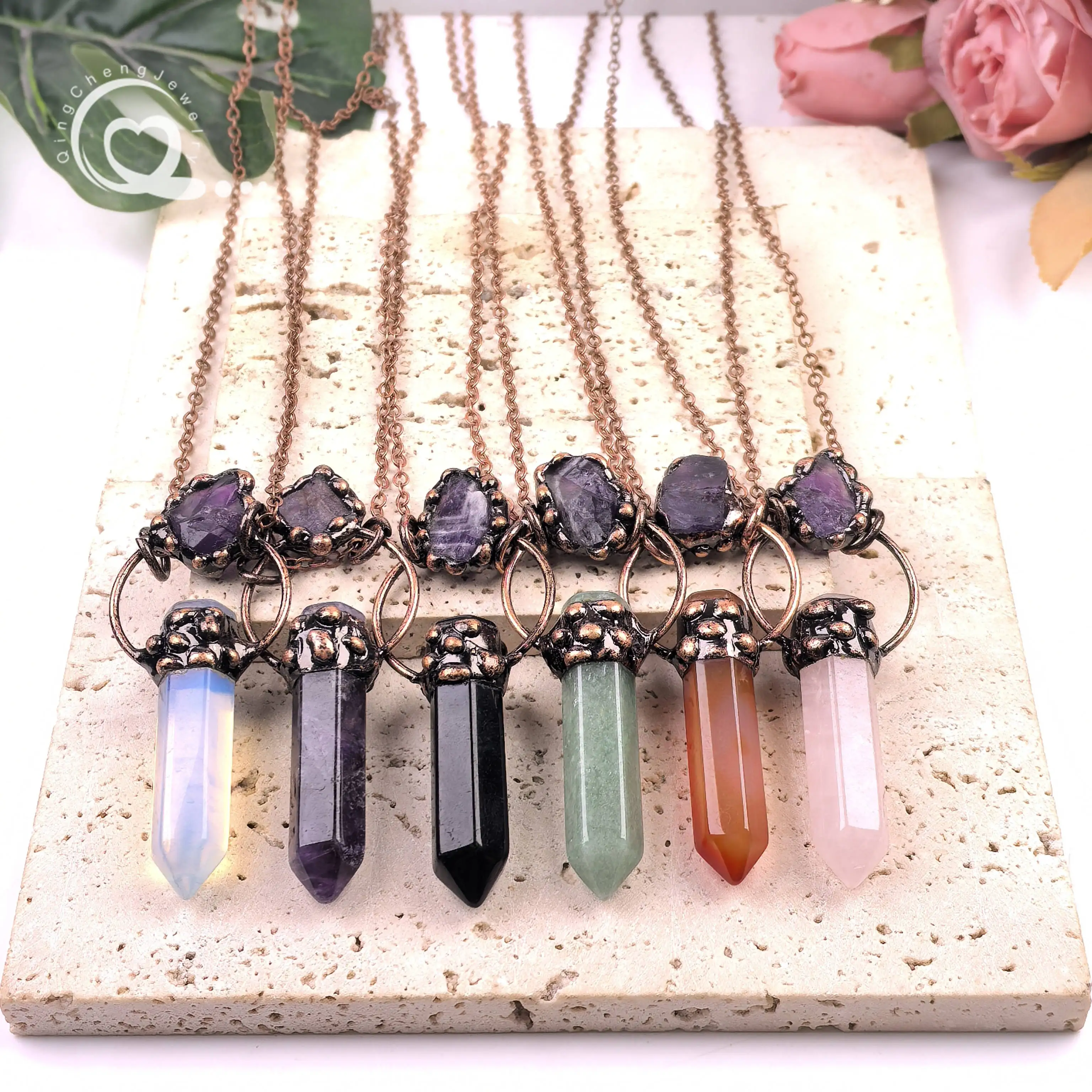 

Raw Amethyst Hexagonal Point Retro Pendants Antique Copper Necklaces Aventurine Rose Quartz Obsidian Opal Charms Jewelry QC3449