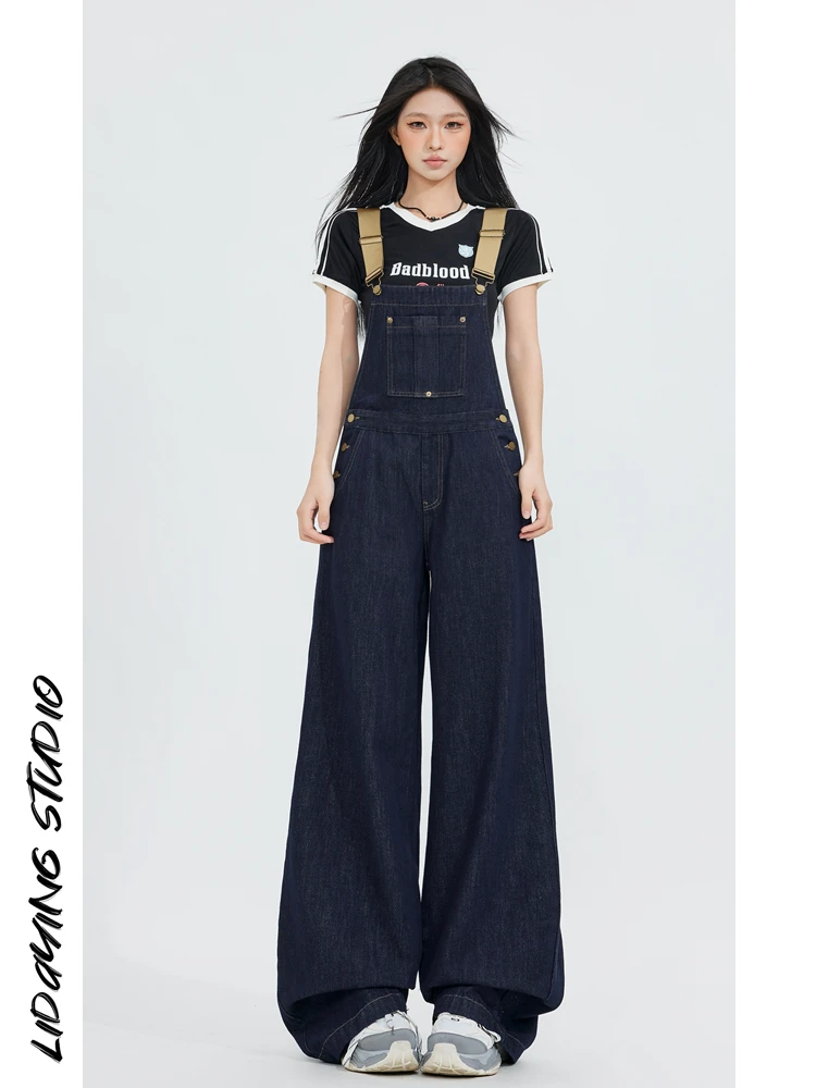 딥 블루 와이드 레그 오버롤 여성용 루즈핏 레트로 슬레 진즈 리당 2025 봄 컬렉션 l 허리 롱 트라우저