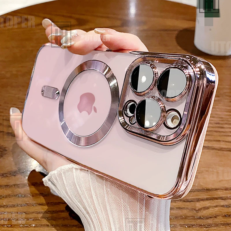 Official Magsafe Magnetic Plating TPU Phone Case for iPhone 15 14 13 12 11 Pro Max Plus Transparent Lens Film Protect Soft Cover