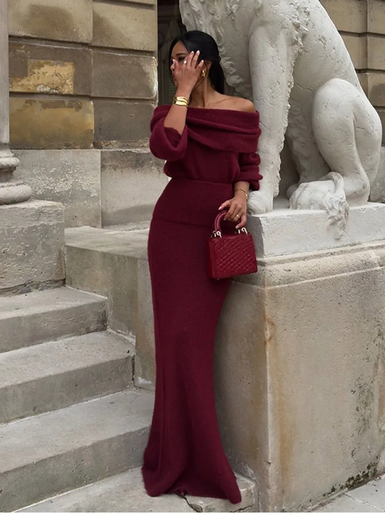 2024 Elegant Burgundy Backless Off Shoulder Knitted Long Dress Women Autumn Long Sleeve Bodycon Vestidos Lady Party Wear Dresses